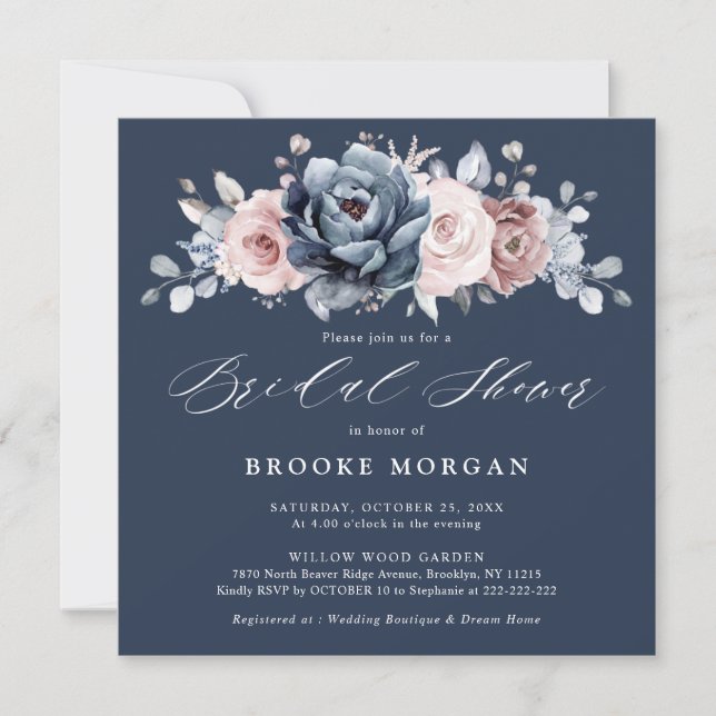 Dusty Blue Mauve Rose Pink Slate  Bridal Shower    Invitation (Front)