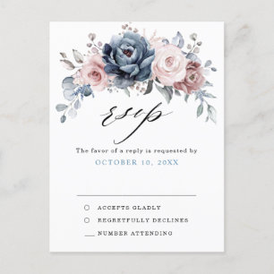 Dusty Blue Mauve Rose Pink Slate Floral RSVP Postcard