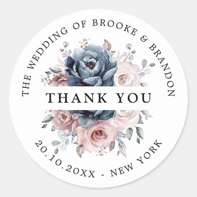 Dusty Blue Mauve Rose Pink Slate Floral Thank you Classic Round Sticker (Front)