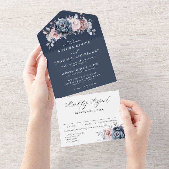 Dusty Blue Mauve Rose Pink Slate Floral Wedding  A All In One Invitation (Tearaway)