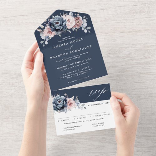Dusty Blue Mauve Rose Pink Slate Floral Wedding  All In One Invitation