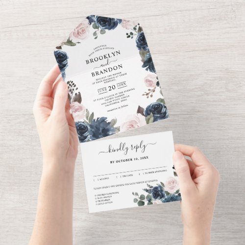 Dusty Blue Mauve Rose Pink Slate Floral Wedding All In One Invitation