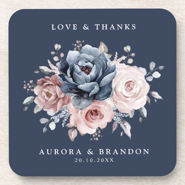 Dusty Blue Mauve Rose Pink Slate Floral Wedding  Beverage Coaster (Front)