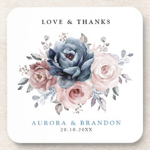 Dusty Blue Mauve Rose Pink Slate Floral Wedding Beverage Coaster