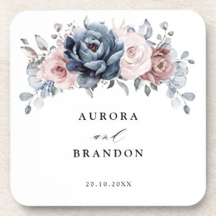 Dusty Blue Mauve Rose Pink Slate Floral Wedding Beverage Coaster
