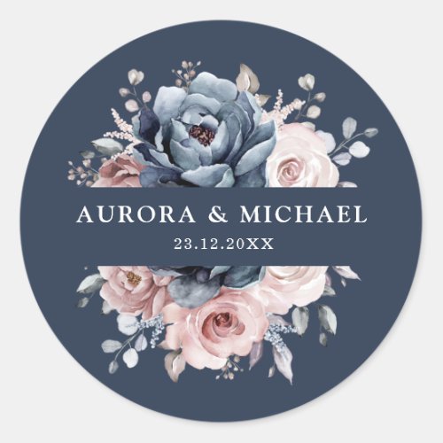 Dusty Blue Mauve Rose Pink Slate Floral Wedding  C Classic Round Sticker