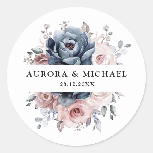 Dusty Blue Mauve Rose Pink Slate Floral Wedding  Classic Round Sticker
