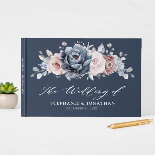 Dusty Blue Mauve Rose Pink Slate Floral Wedding  G Guest Book