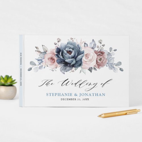 Dusty Blue Mauve Rose Pink Slate Floral Wedding  Guest Book
