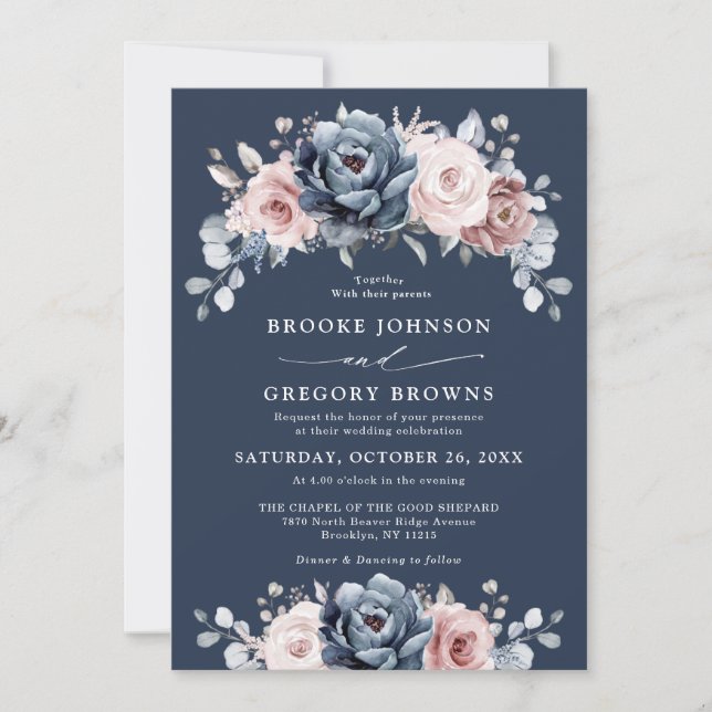 Dusty Blue Mauve Rose Pink Slate Floral Wedding  I Invitation (Front)