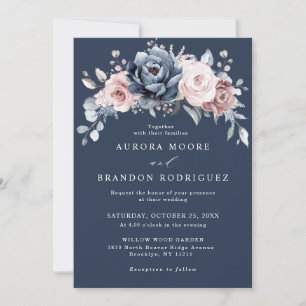 Dusty Blue Mauve Rose Pink Slate Floral Wedding In Invitation