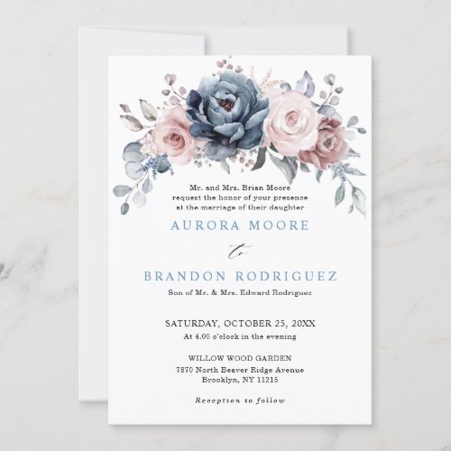 Dusty Blue Mauve Rose Pink Slate Floral Wedding In Invitation