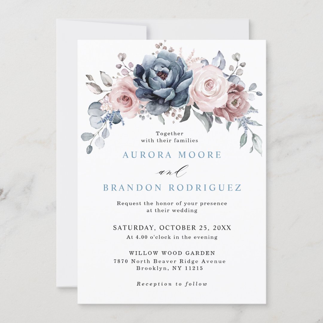 Dusty Blue Mauve Rose Pink Slate Floral Wedding Invitation | Zazzle