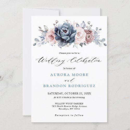 Dusty Blue Mauve Rose Pink Slate Floral Wedding  Invitation