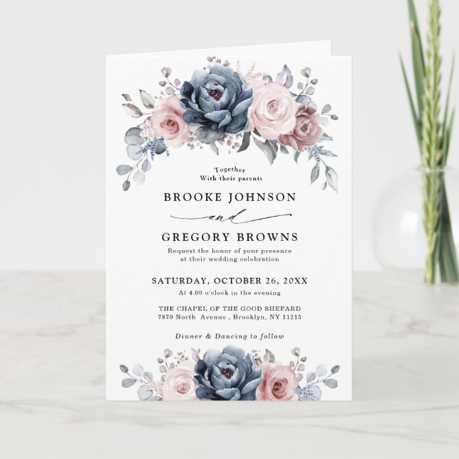 Dusty Blue Mauve Rose Pink Slate Floral Wedding    Invitation (Front)