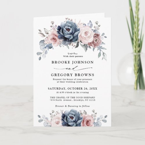Dusty Blue Mauve Rose Pink Slate Floral Wedding    Invitation