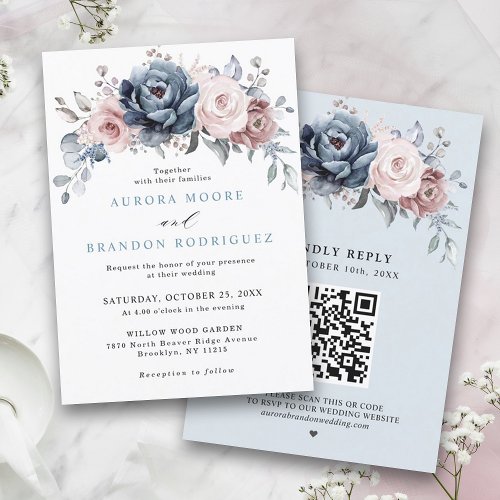 Dusty Blue Mauve Rose Pink Slate Floral Wedding Invitation