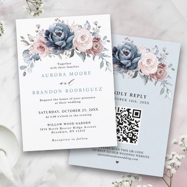 Dusty Blue Mauve Rose Pink Slate Floral Wedding Invitation (Dusty blue rose pink slate floral wedding invitation with RSVP QR code on back.)
