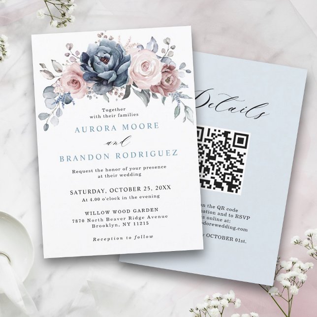 Dusty Blue Mauve Rose Pink Slate Floral Wedding Invitation (Dusty blue mauve rose pink slate wedding invitation with QR code details on back)
