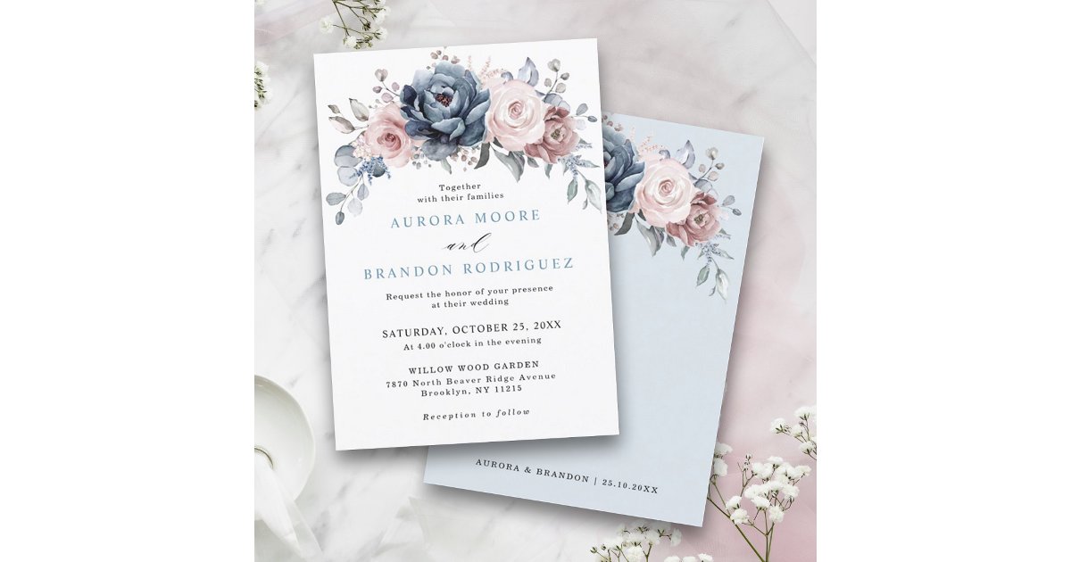 Dusty Blue Mauve Rose Pink Slate Floral Wedding Invitation | Zazzle