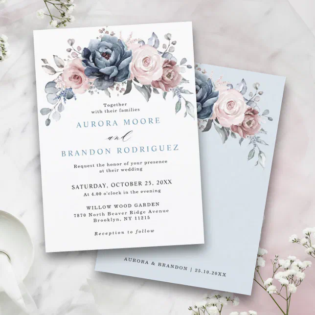 Dusty Blue Mauve Rose Pink Slate Floral Wedding Invitation | Zazzle