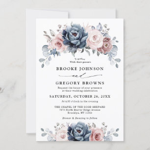 Dusty Blue Mauve Rose Pink Slate Floral Wedding  Invitation