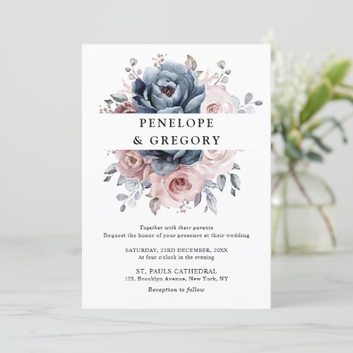 Dusty Blue Mauve Rose Pink Slate Floral Wedding  Invitation