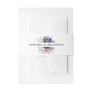 Dusty Blue Mauve Rose Pink Slate Floral Wedding Invitation Belly Band