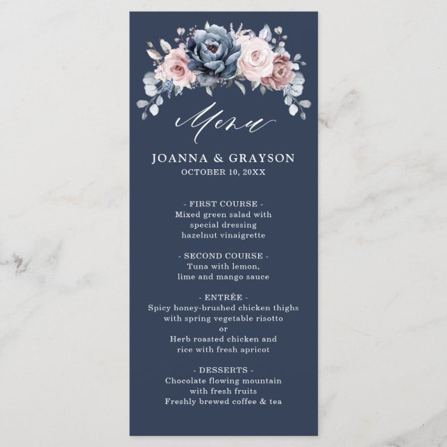 Dusty Blue Mauve Rose Pink Slate Floral Wedding  M Menu (Front)
