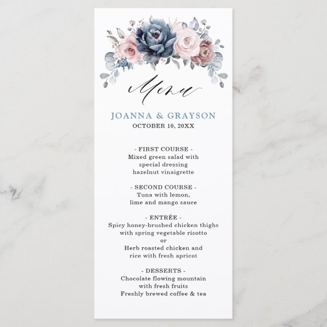 Dusty Blue Mauve Rose Pink Slate Floral Wedding  Menu (Front)