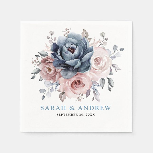 Dusty Blue Mauve Rose Pink Slate Floral Wedding  Napkins (Front)