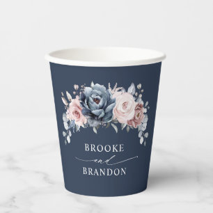 Dusty Blue Mauve Rose Pink Slate Floral Wedding P Paper Cups