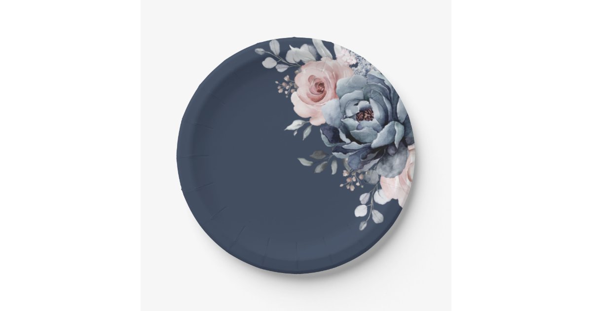 Dusty Blue Mauve Rose Pink Slate Floral Wedding P Paper Plates | Zazzle