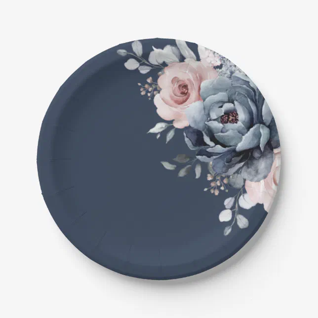 Dusty Blue Mauve Rose Pink Slate Floral Wedding P Paper Plates | Zazzle