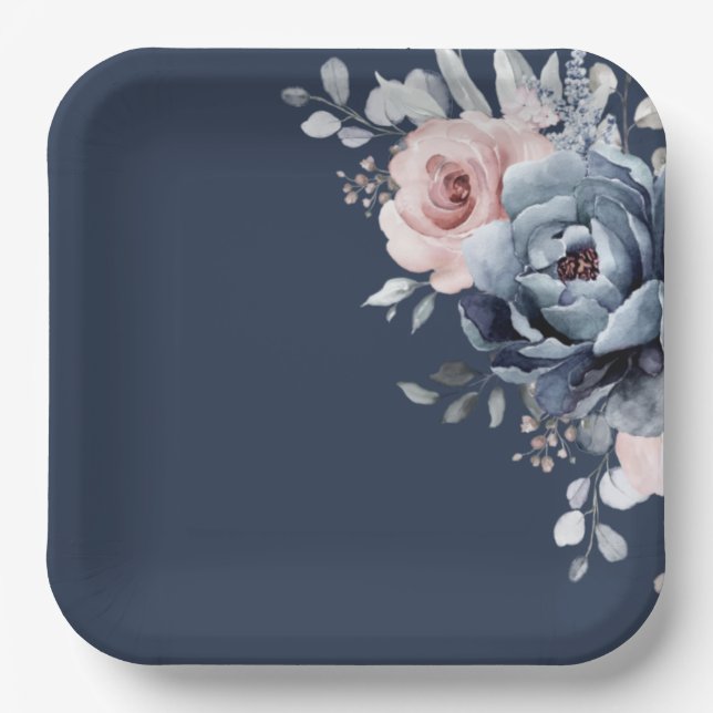 Dusty Blue Mauve Rose Pink Slate Floral Wedding  P Paper Plates (Front)