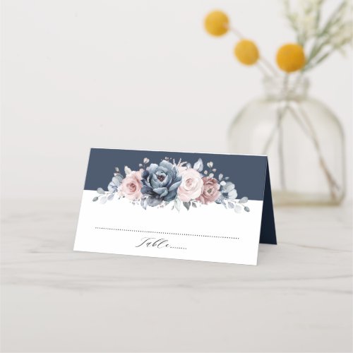 Dusty Blue Mauve Rose Pink Slate Floral Wedding P Place Card