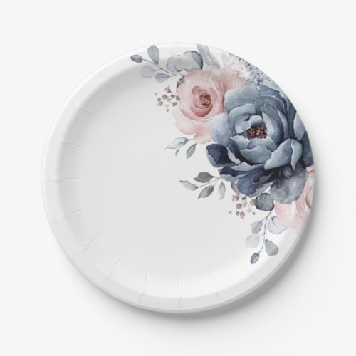 Dusty Blue Mauve Rose Pink Slate Floral Wedding  Paper Plates