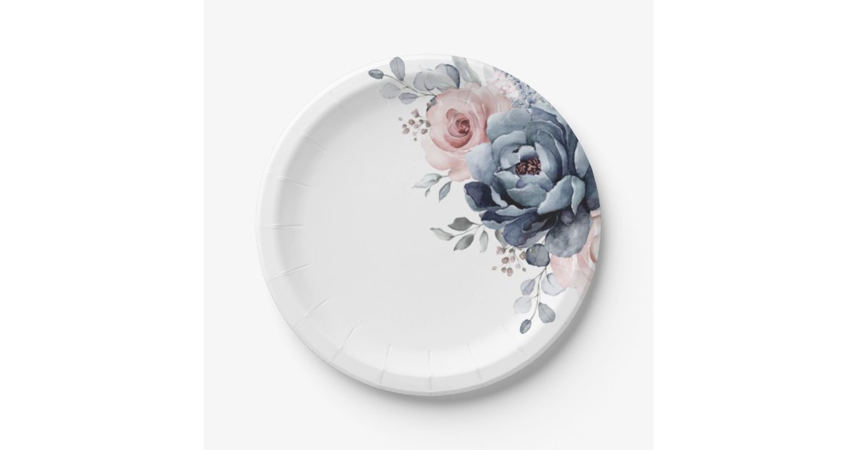Dusty Blue Mauve Rose Pink Slate Floral Wedding Paper Plates | Zazzle