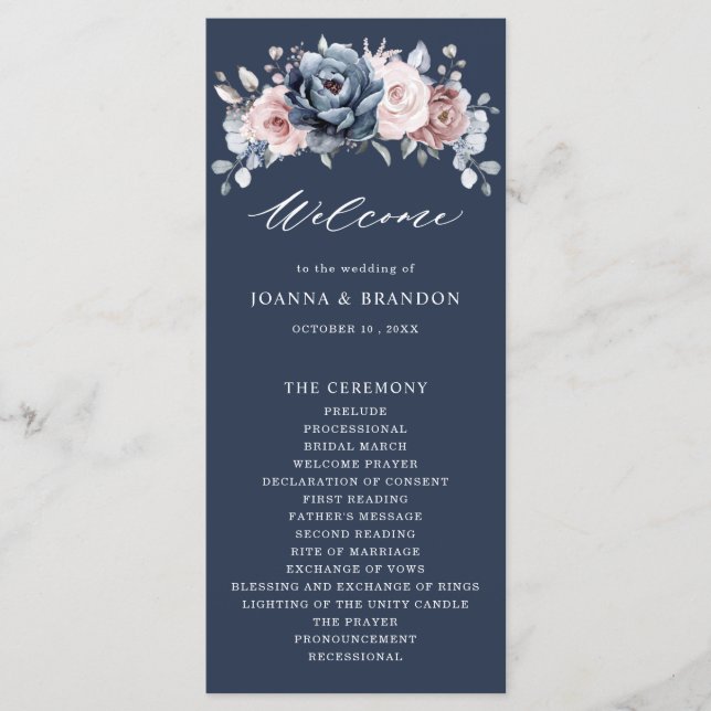 Dusty Blue Mauve Rose Pink Slate Floral Wedding Pr Program (Front)