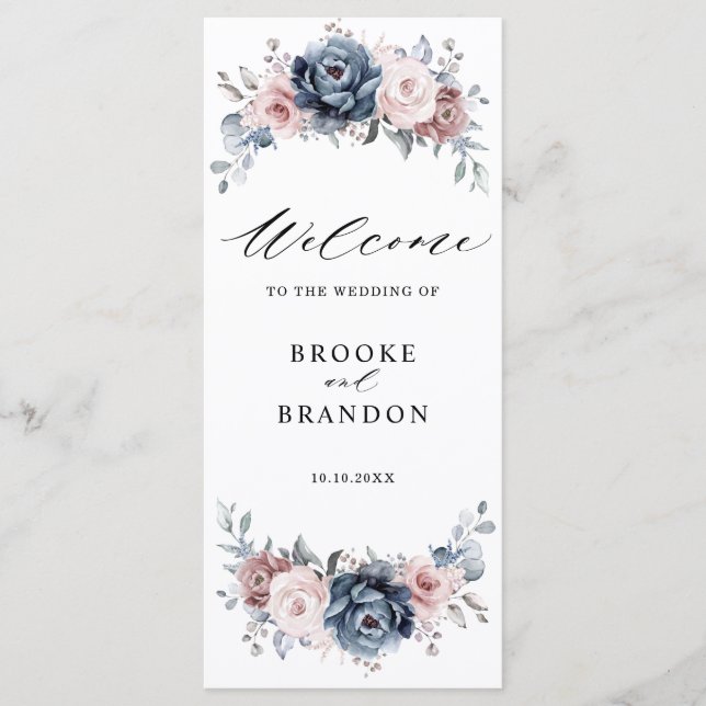 Dusty Blue Mauve Rose Pink Slate Floral Wedding Program (Front)