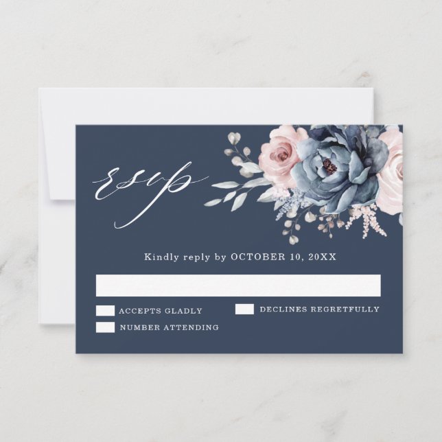 Dusty Blue Mauve Rose Pink Slate Floral Wedding RS RSVP Card (Front)