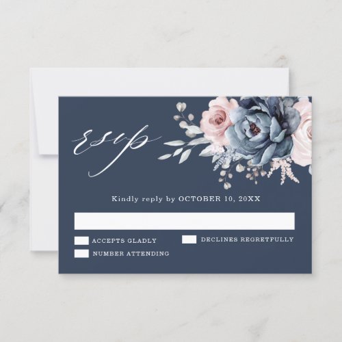 Dusty Blue Mauve Rose Pink Slate Floral Wedding RS RSVP Card