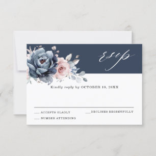 Dusty Blue Mauve Rose Pink Slate Floral Wedding RS RSVP Card