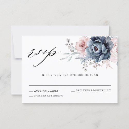 Dusty Blue Mauve Rose Pink Slate Floral Wedding RSVP Card