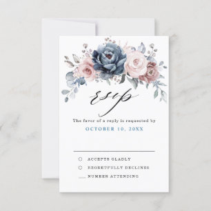 Dusty Blue Mauve Rose Pink Slate Floral Wedding RSVP Card