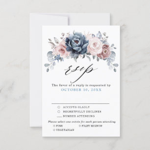 Dusty Blue Mauve Rose Pink Slate Floral Wedding RSVP Card