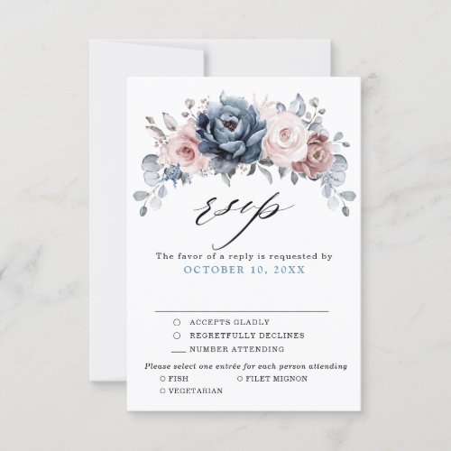 Dusty Blue Mauve Rose Pink Slate Floral Wedding  RSVP Card