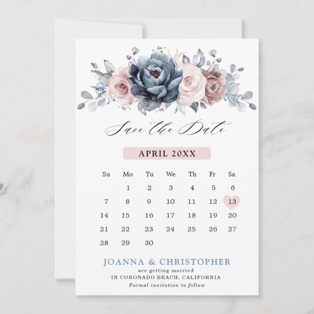 Dusty Blue Mauve Rose Pink Slate Floral Wedding  S Save The Date (Front)