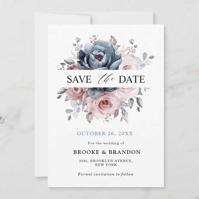 Dusty Blue Mauve Rose Pink Slate Floral Wedding  Save The Date (Front)