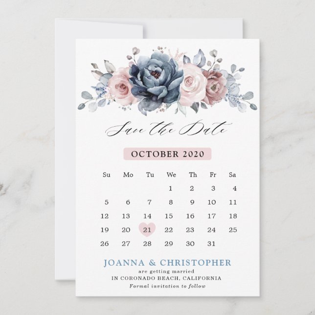 Dusty Blue Mauve Rose Pink Slate Floral Wedding  Save The Date (Front)